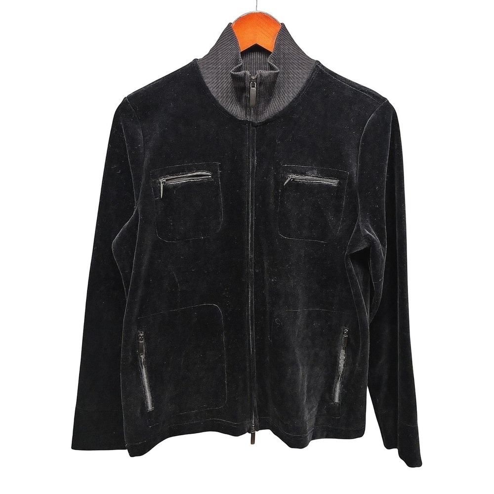 Lauren Ralph Lauren Velour Track Jacket Womens M Black Zip Mock Neck Casual